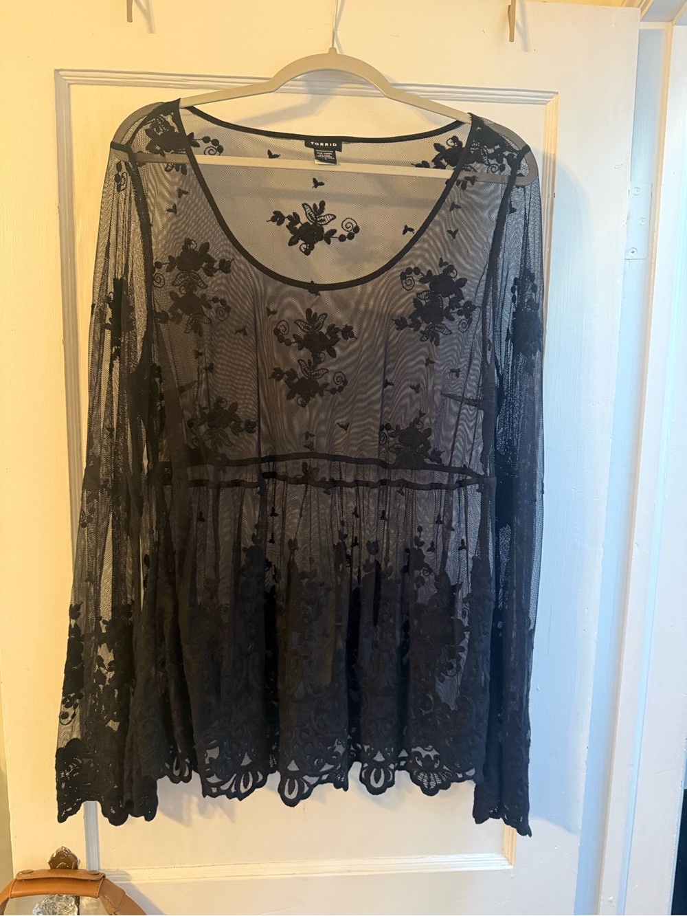 Sheer Black Floral Embroidered Long Sleeve Blouse